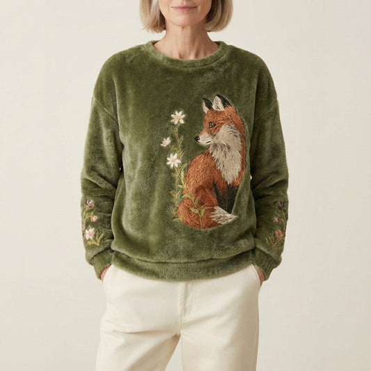 Sudadera con capucha de polar con bordado de zorro y margaritas