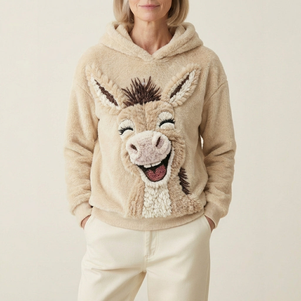 Felpa con cappuccio in pile con design asino che ride