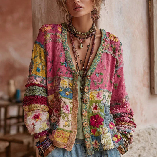 Chaqueta bomber con bordado floral y patchwork