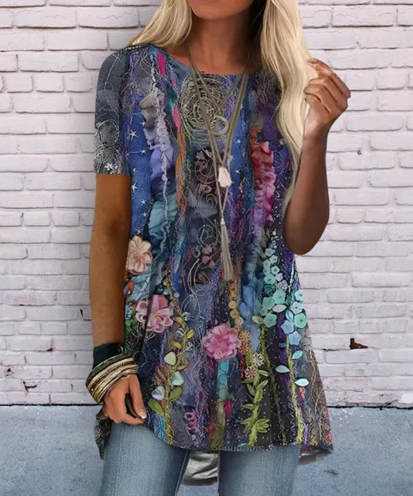 Kurzarm-Tunika mit Blumendruck und Paisley-Design
