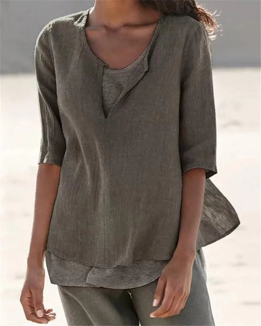 Top de lino con cuello en V y mangas 34