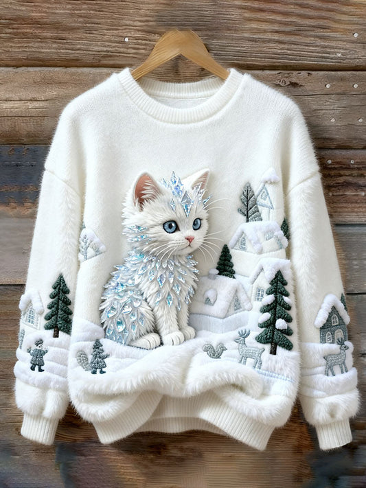 Elegante Maglione Invernale con Gatto Bianco