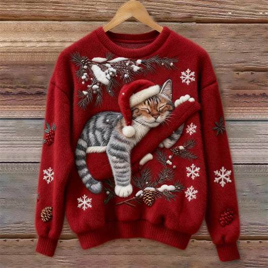 Acogedor Suéter Rojo de Gatito Navideño