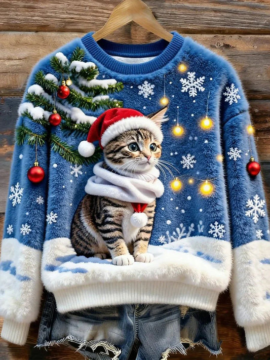 Suéter Azul Navideño con Gato