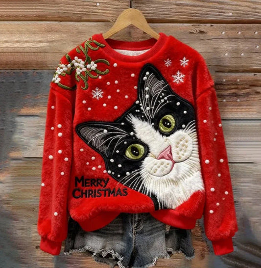 Suéter Navideño Rojo y Acogedor con Gato