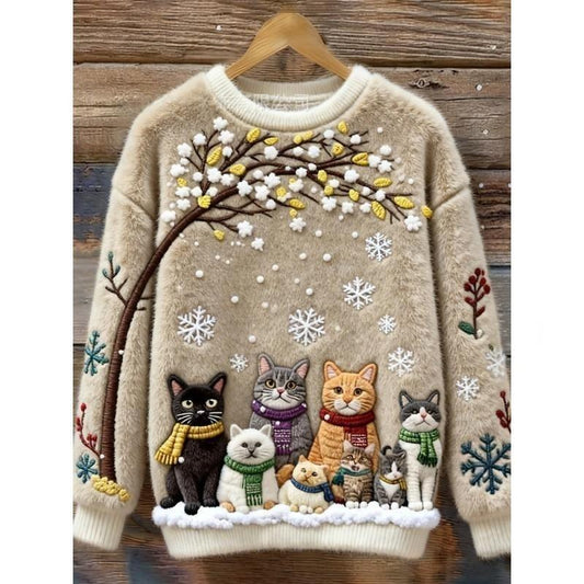 Suéter Navideño Beige Suave con Gato