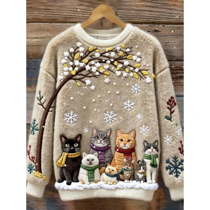 Zachte Beige Kersttrui met Kat