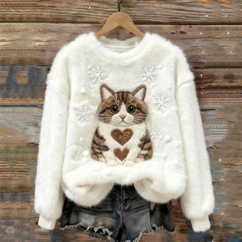 Grazioso Maglione Invernale con Gatto da Donna