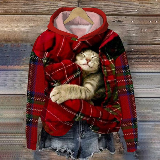 Sudadera Acogedora de Cuadros Rojos con Gato Dormido