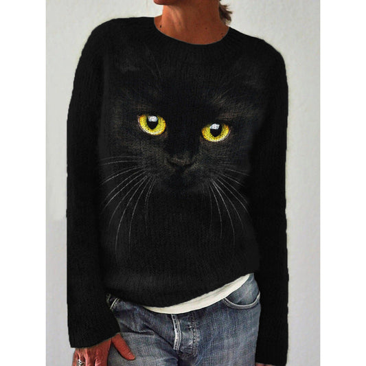 Suéter Negro con Gran Diseño de Cara de Gato Negro