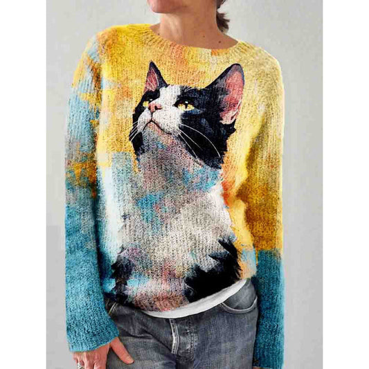 Suéter Artístico con Cara de Gato para Mujer