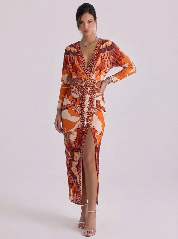 Vestido midi de punto con estampado geométrico y detalle fruncido