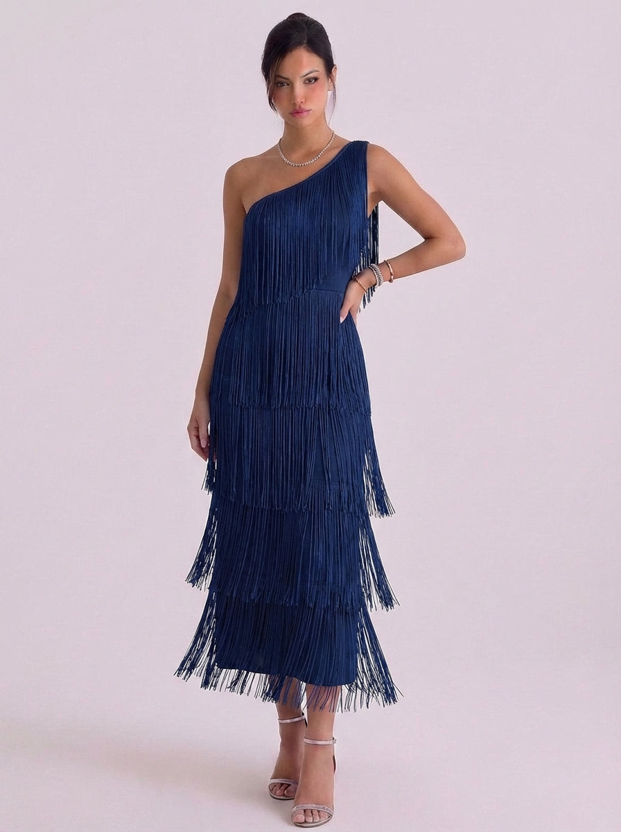 Abito midi in jersey con frange su una spalla