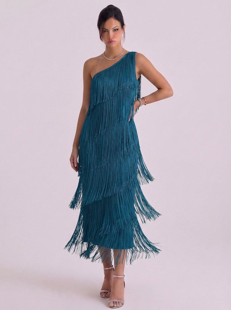 Abito midi in jersey con frange su una spalla