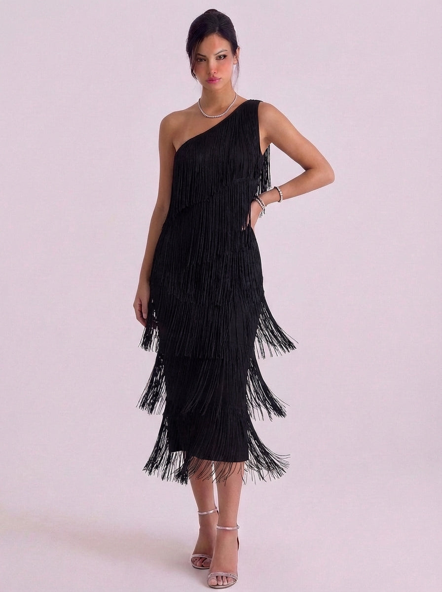 Abito midi in jersey con frange su una spalla