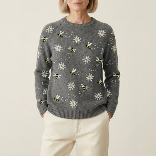 Maglione lavorato a maglia con ricamo di margherite e api