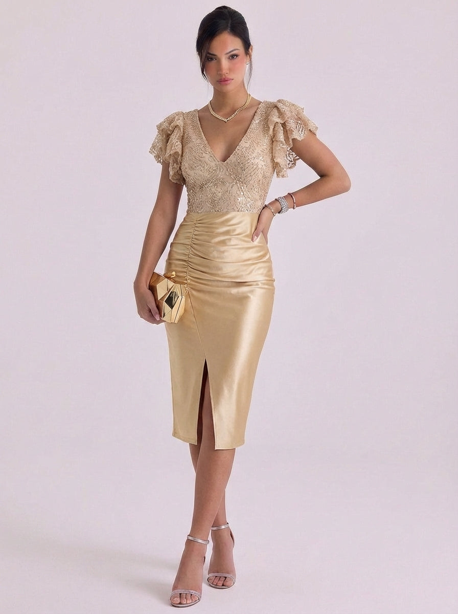 Abito midi in raso con corpetto in pizzo e spacco alto