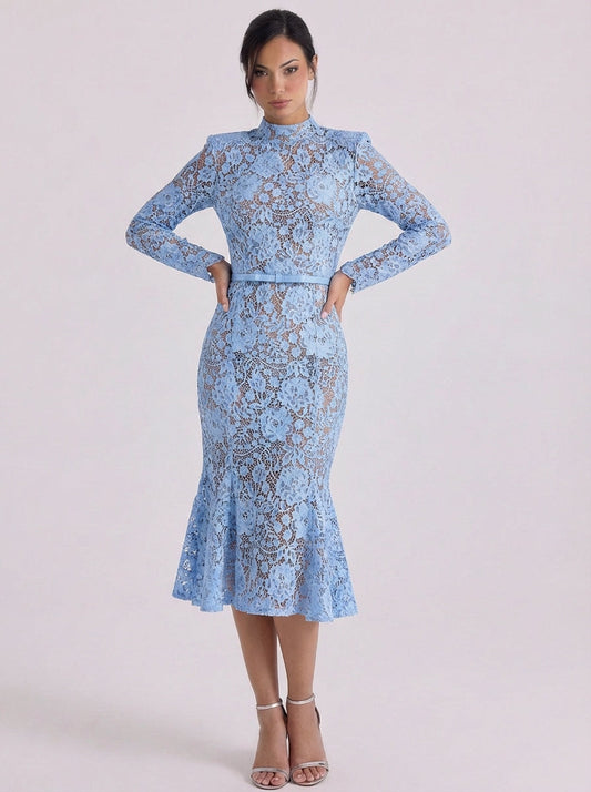 Kanten midi-jurk met hoge hals en peplum