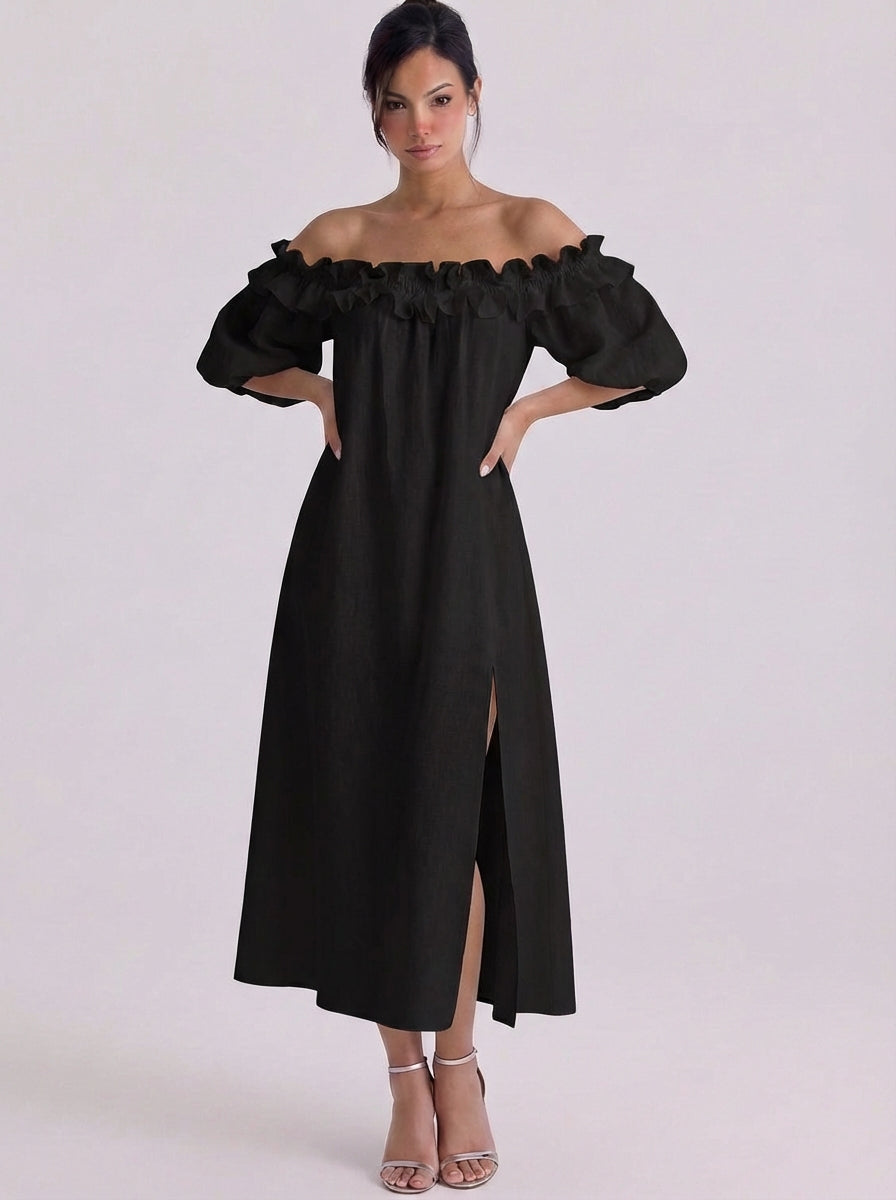 Schulterfreies Leinen-Midikleid mit Rüschen und Puffärmeln