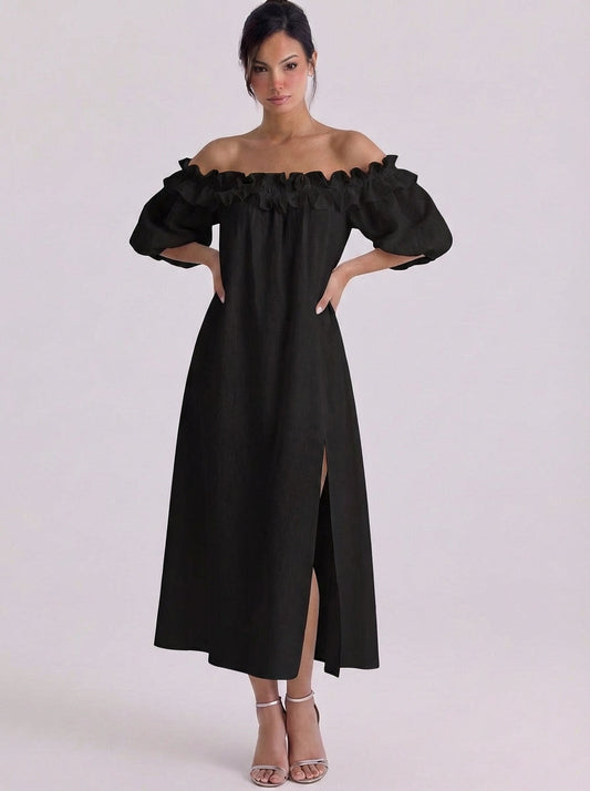 Vestido midi de lino con hombros descubiertos y volantes con puff