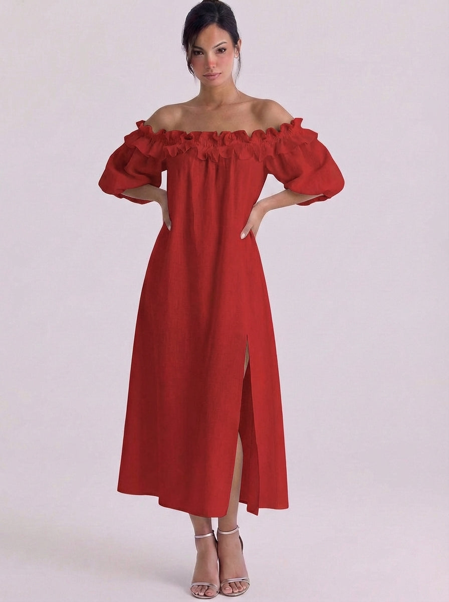 Vestido midi de lino con hombros descubiertos y volantes con puff