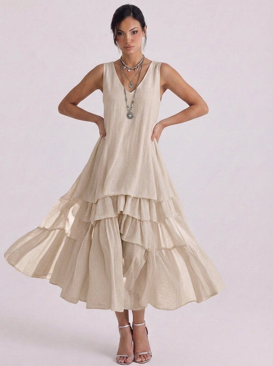 Abito midi con volant a strati in lino