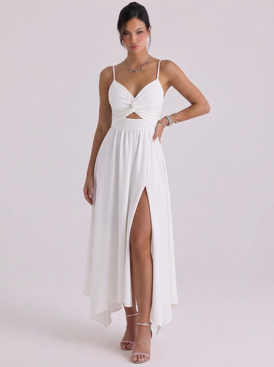 Abito maxi con taglio frontale in lino intrecciato con spacco alto