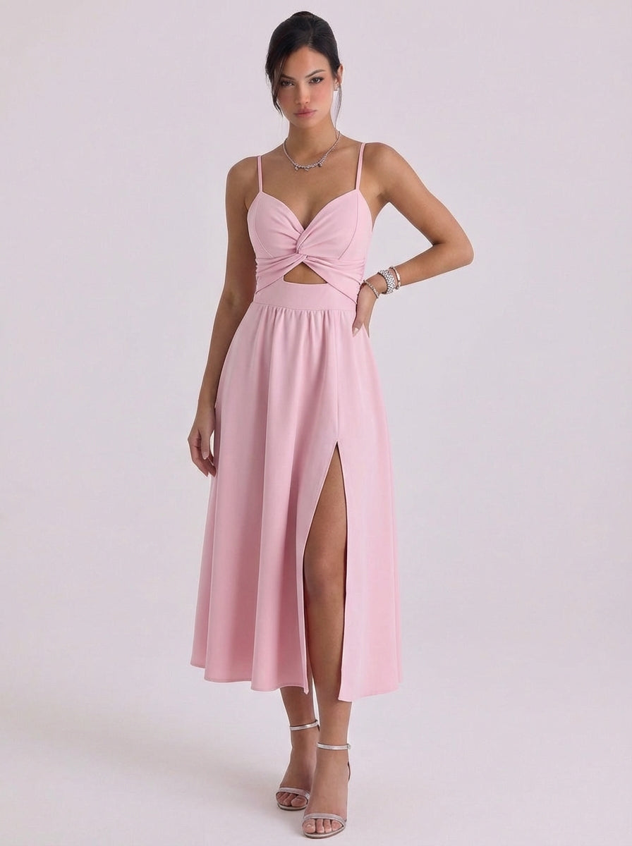 Maxikleid aus Leinen mit verdrehtem Ausschnitt vorne und hohem Schlitz