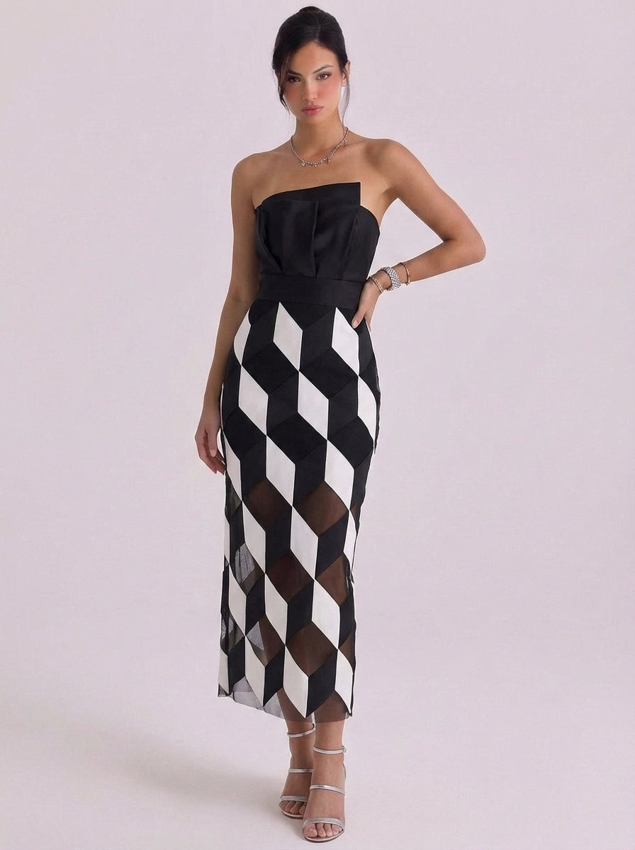 Mesh geometrische print strapless maxi-jurk