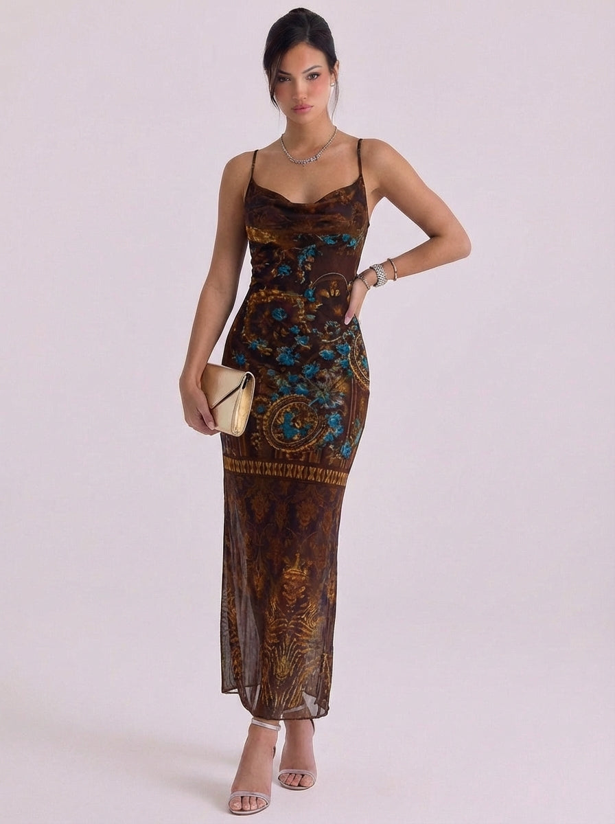 Vestido largo lencero estampado de malla