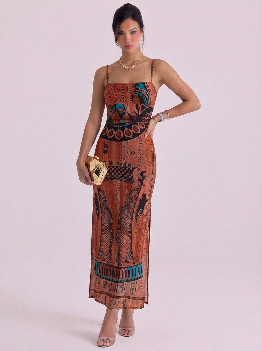 Vestido largo lencero estampado de malla