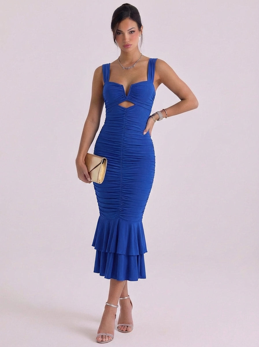 Abito midi a sirena con volant in rete e orlo a strati