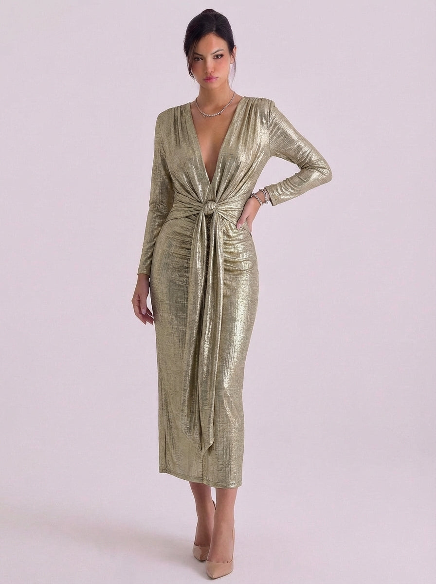 Abito midi avvolgente in jersey metallizzato con cravatta sul davanti