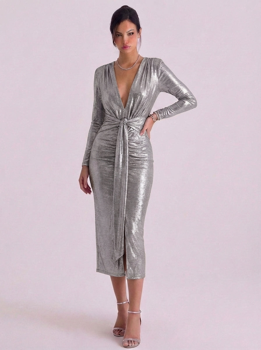 Abito midi avvolgente in jersey metallizzato con cravatta sul davanti