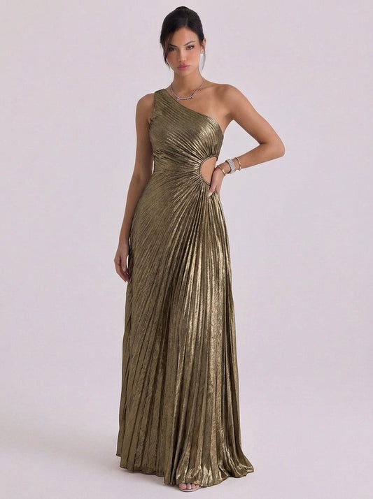Vestido de un hombro plisado metálico con cintura fruncida