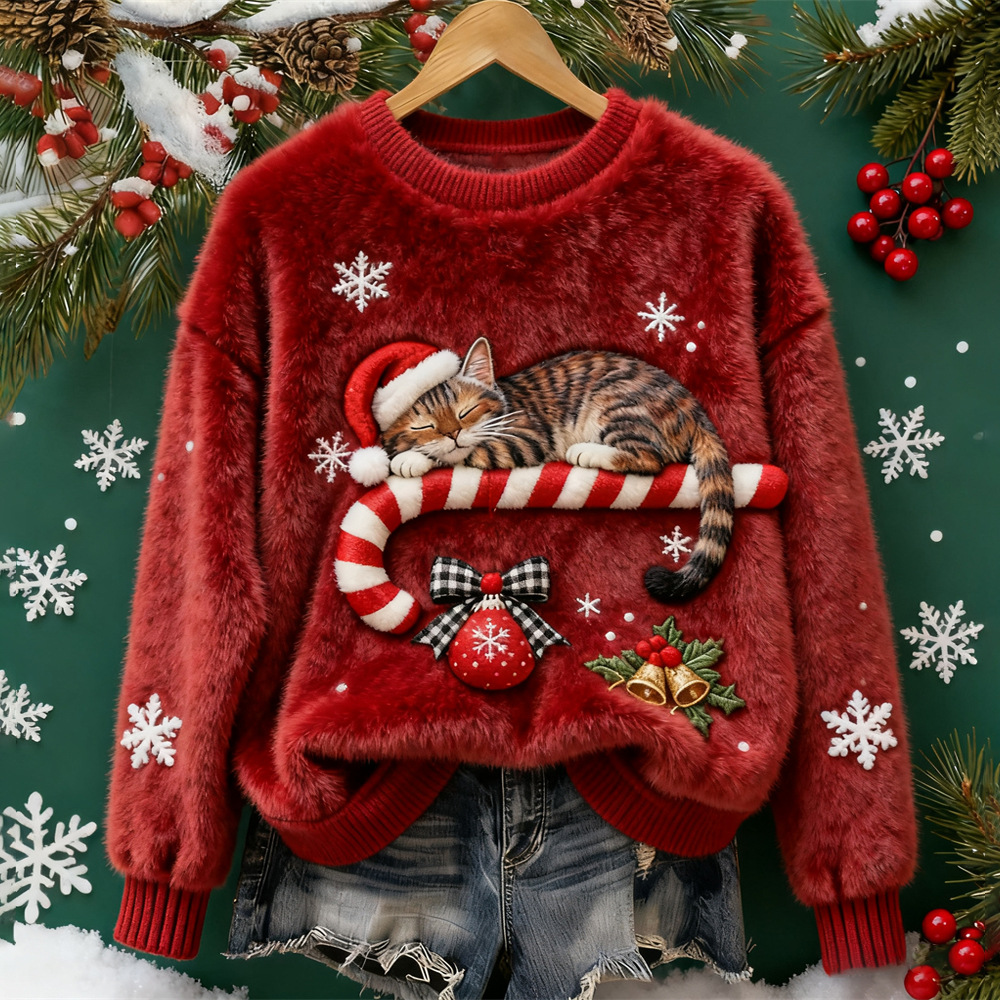 Maglione Morbido Gatto con Cappello di Babbo Natale