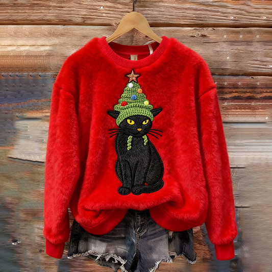 Suéter Rojo Suave Gato Navideño