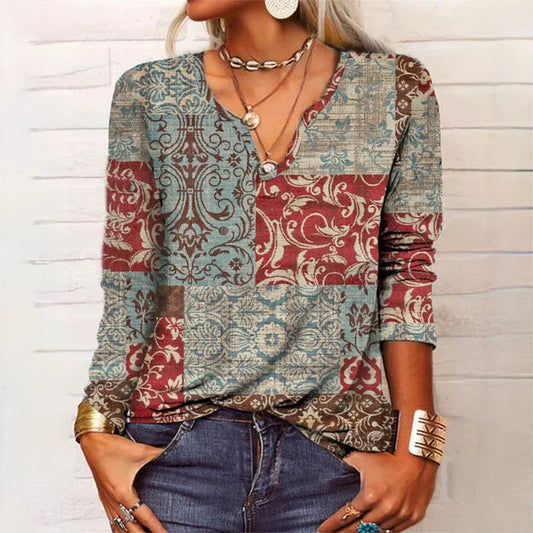 Top bohemio de manga larga con cuello en V y estampado de patchwork