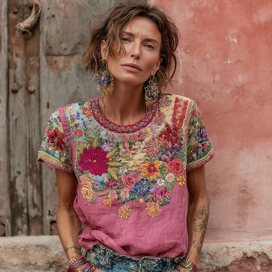 Roze Ombre T-shirt met korte mouwen en bloemenprint