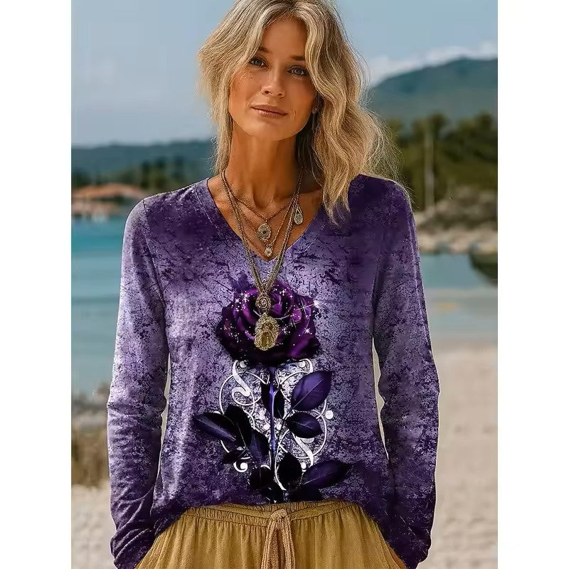 Top de manga larga con cuello en V y estampado floral morado