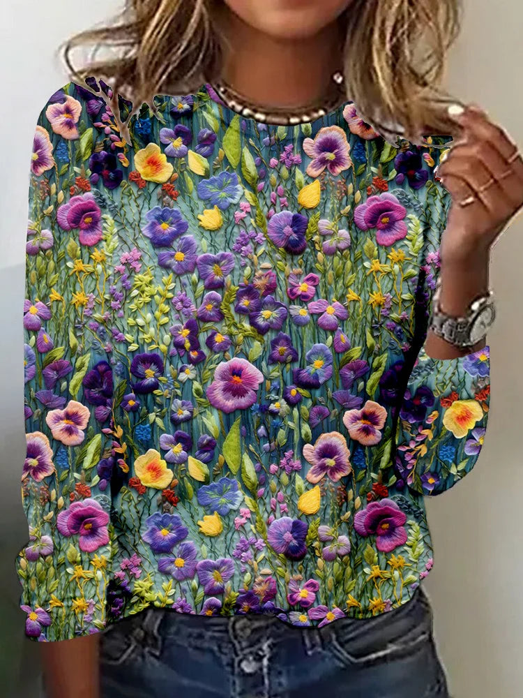 Sudadera con estampado de jardín de flores silvestres morada