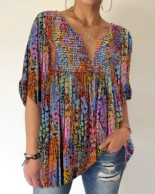 Túnica plisada con cuello en V y estampado de mosaico de arcoíris