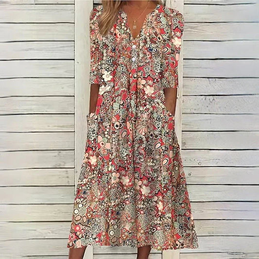 Vestido midi con cuello en V y estampado floral retro