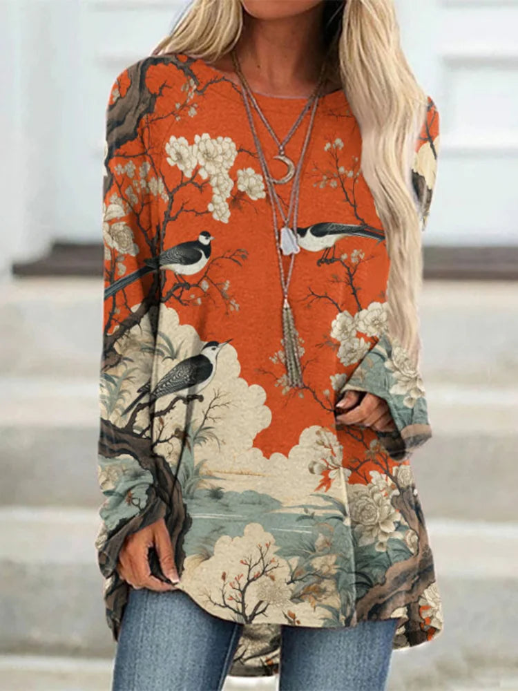 Túnica asiática con estampado de pájaros y flores