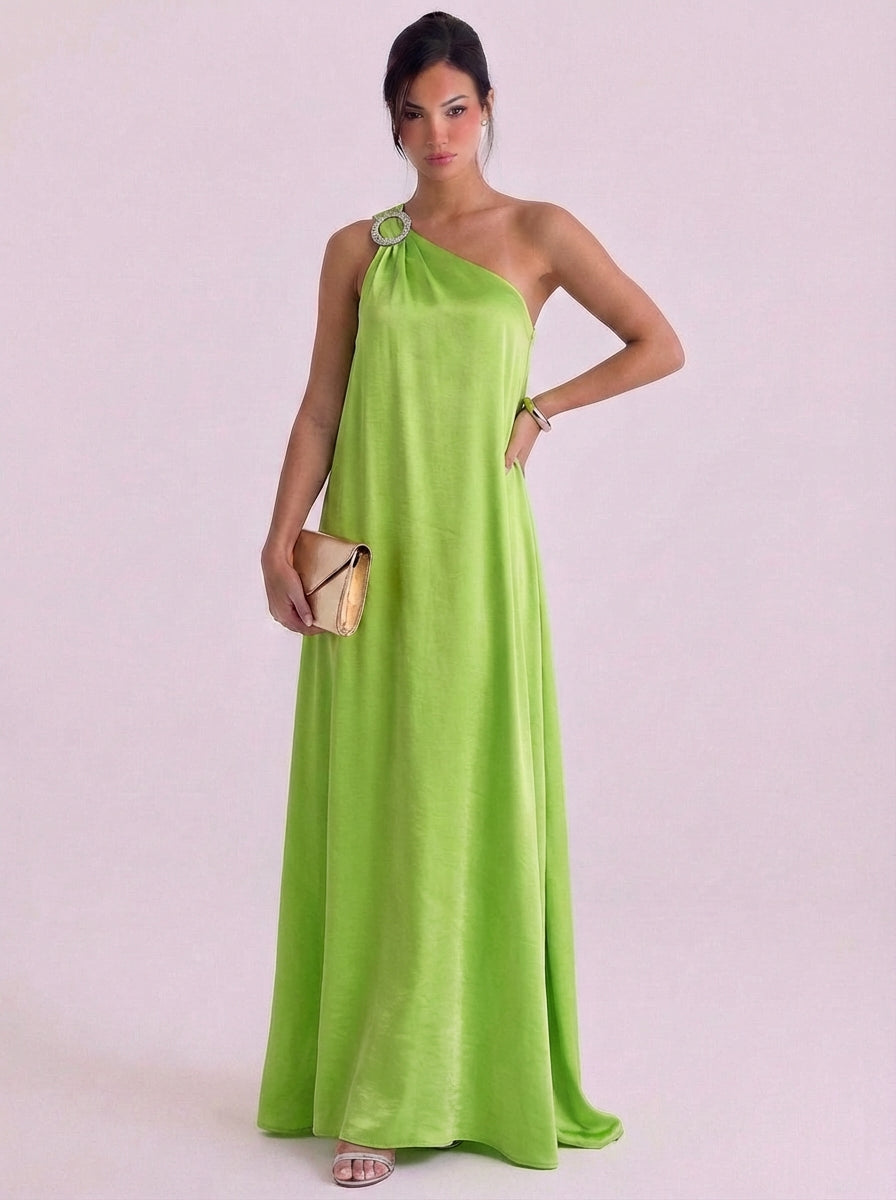 One-Shoulder-Kleid aus Satin mit Kristallbrosche und bodenlangem Kleid