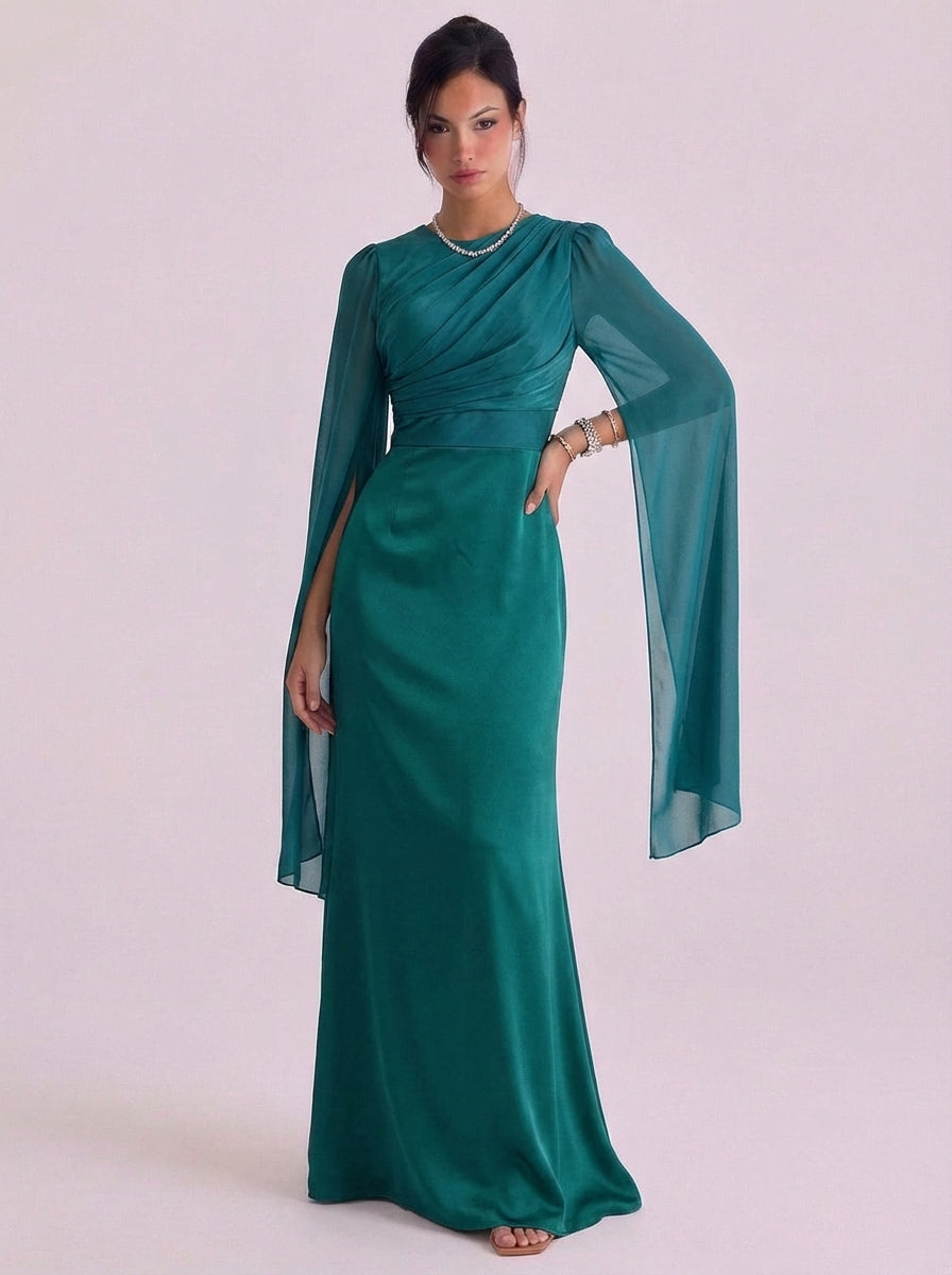 Robe en satin à manches cloche, longueur au sol, ajustée