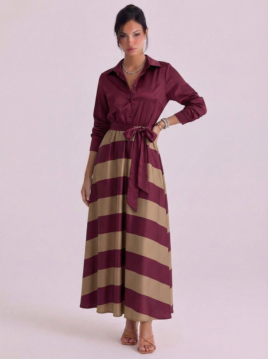 Vestido largo de satén con botones en la parte delantera y falda a rayas con lazo en la cintura