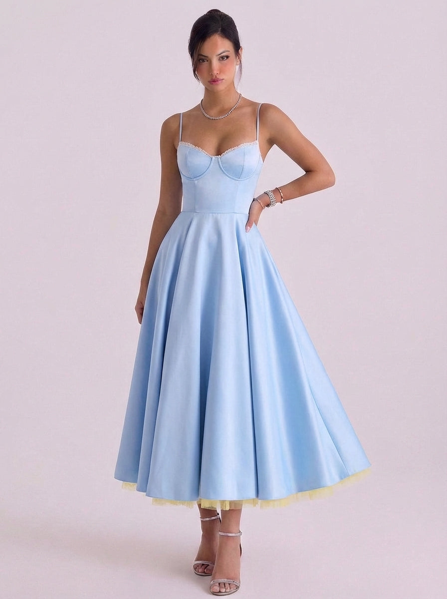 Vestido midi con corpiño de satén y enagua de tul