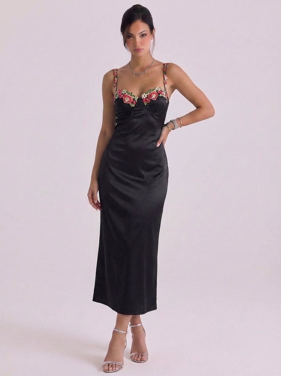 Abito midi sottoveste con applicazioni floreali in raso