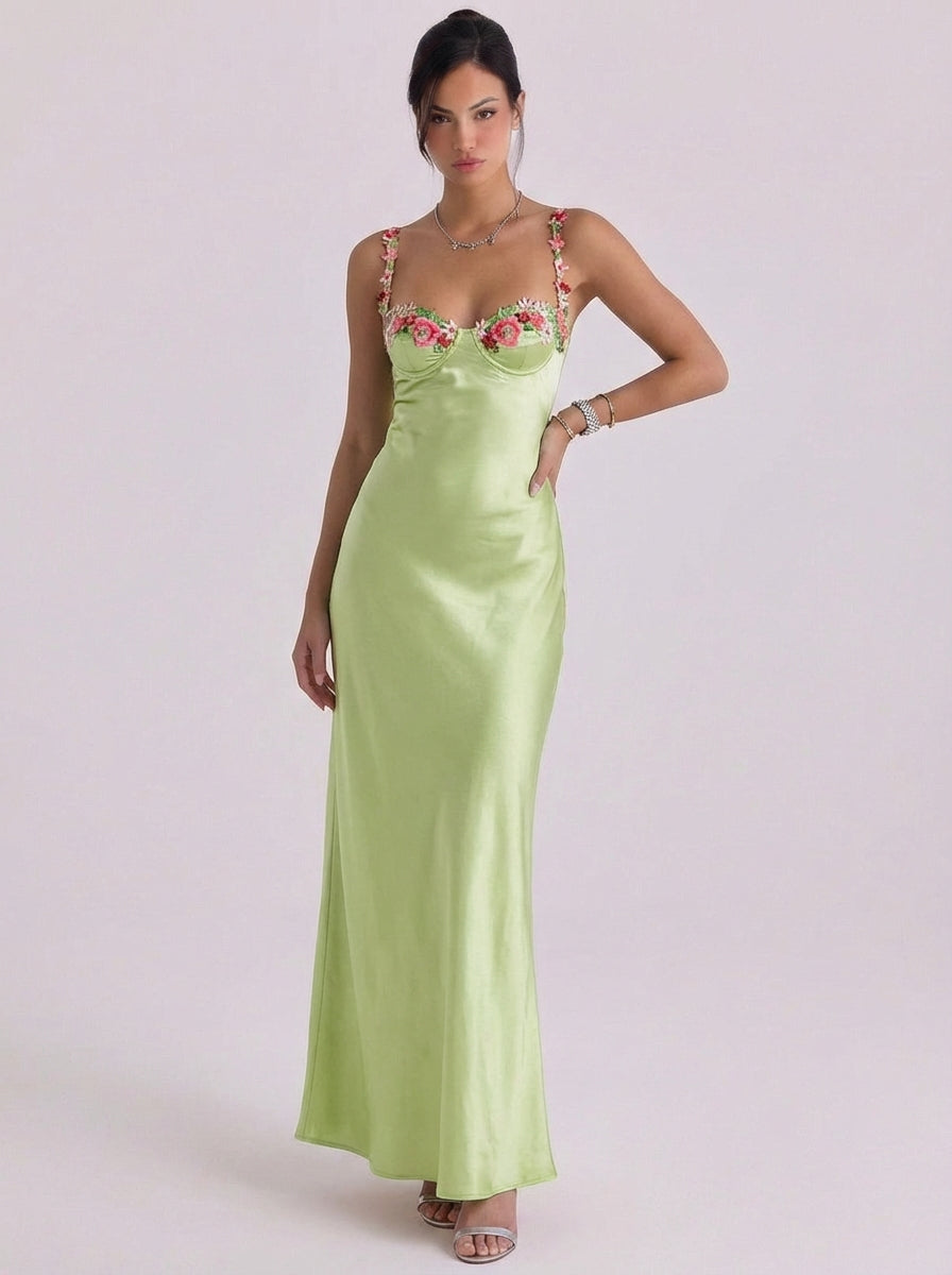 Vestido midi lencero con aplicación floral de satén